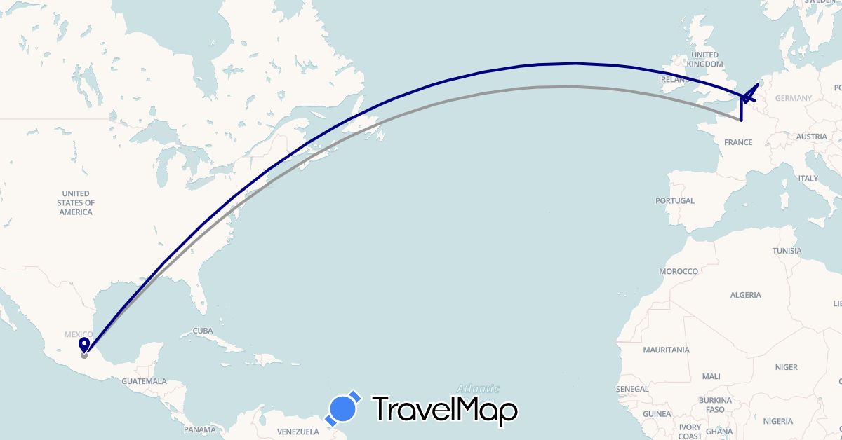 TravelMap itinerary: driving, plane in Belgium, France, Mexico, Netherlands (Europe, North America)